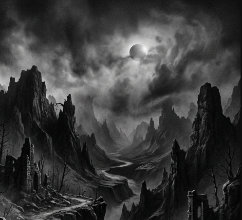 shadowy grayscale mountain scene for Shadow World