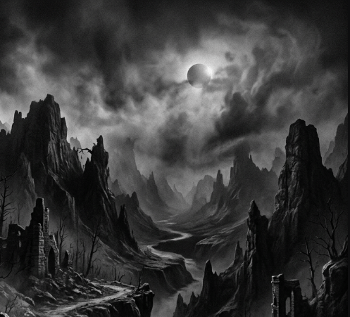 shadowy grayscale mountain scene for Shadow World